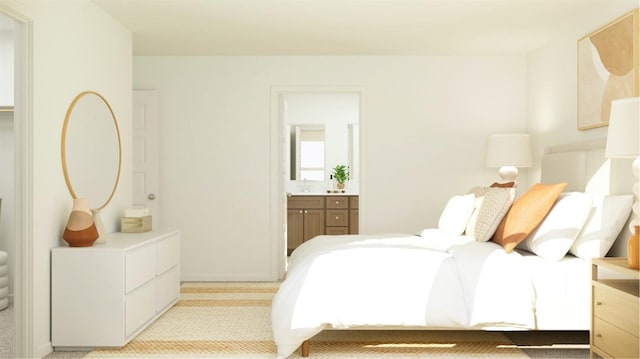bedroom with light carpet and connected bathroom
