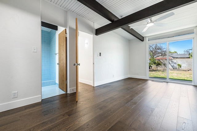 empty room featuring a ceiling fan, baseboards, and dark wood finished floors