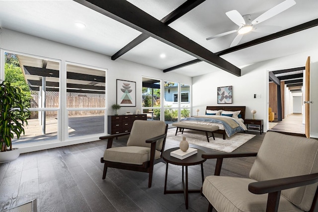 bedroom with recessed lighting, dark wood-style flooring, and beam ceiling