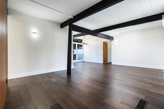 empty room with a notable chandelier, baseboards, beamed ceiling, visible vents, and dark wood-style floors