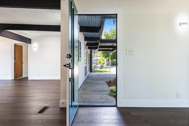 entryway featuring beamed ceiling, visible vents, baseboards, and wood finished floors