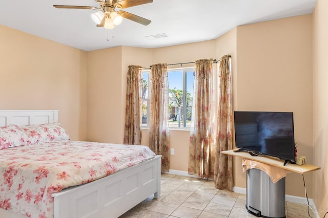 bedroom with baseboards, ceiling fan, and visible vents