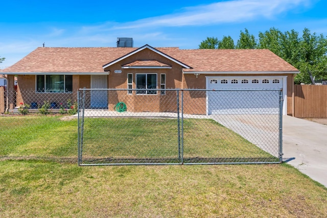 ranch-style house with fence, a front yard, stucco siding, concrete driveway, and an attached garage