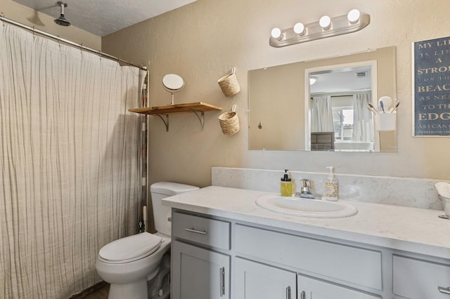 bathroom with toilet, a textured wall, curtained shower, and vanity