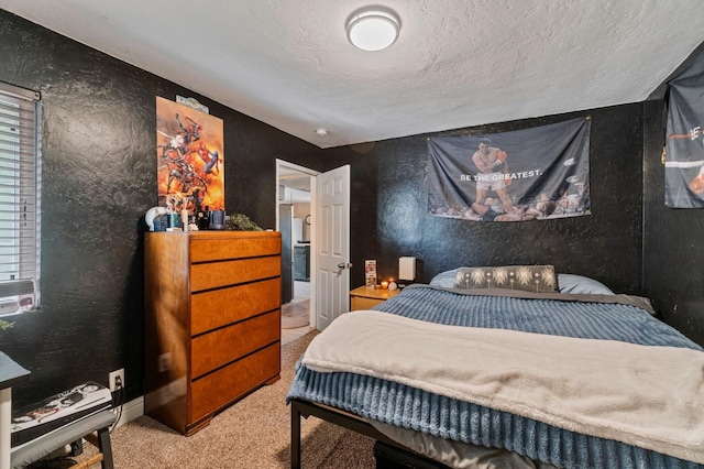 bedroom featuring carpet floors, a textured ceiling, and a textured wall