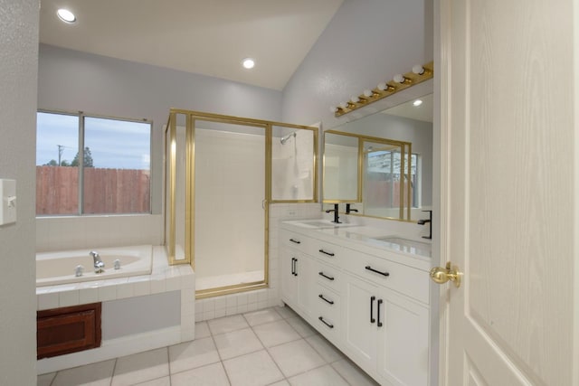 7224 N Bonadelle Ave, Fresno, CA 93720 - bathroom featuring double vanity, a sink, tile patterned floors, and a shower stall