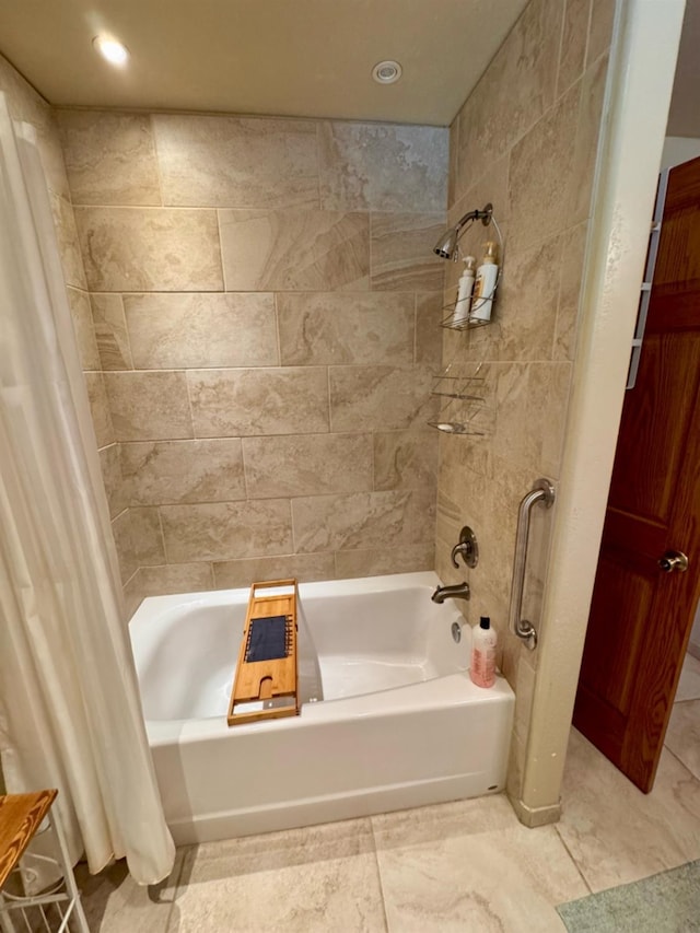 full bath with recessed lighting and shower / bathtub combination with curtain