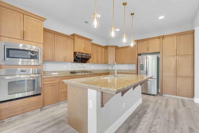 kitchen featuring light stone countertops, appliances with stainless steel finishes, a sink, light wood-style floors, and a center island with sink