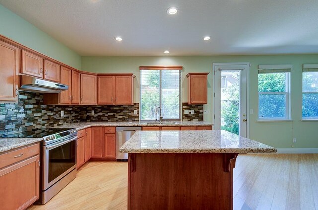 619 W Casanova Ln, Clovis, CA 93619 - kitchen with under cabinet range hood, appliances with stainless steel finishes, a sink, light wood-type flooring, and plenty of natural light