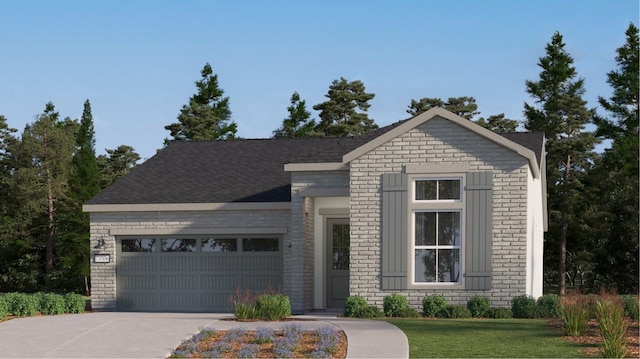 view of front facade featuring brick siding, a garage, a front yard, and concrete driveway
