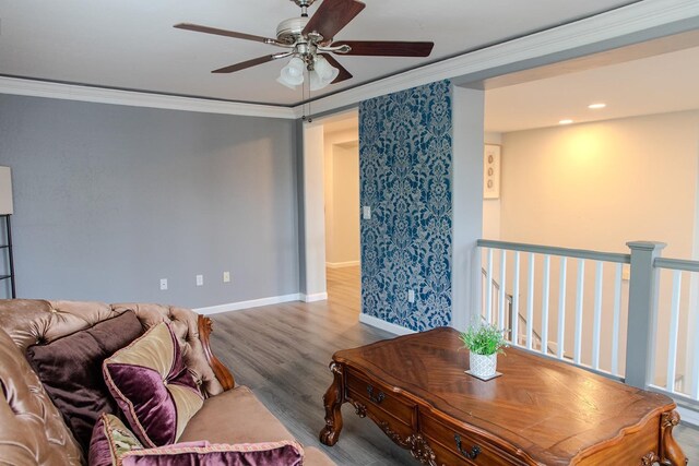 3107 Indianapolis Ave, Clovis, CA 93619 - living room with crown molding, a ceiling fan, and wood finished floors