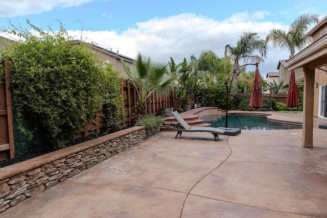 view of pool with a fenced backyard, a fenced in pool, and a patio area