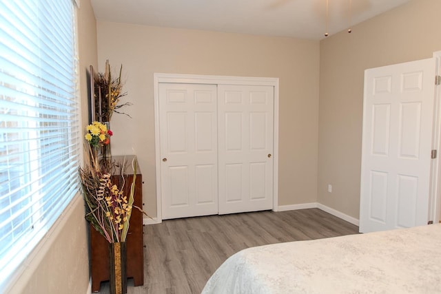 bedroom featuring baseboards, wood finished floors, and a closet