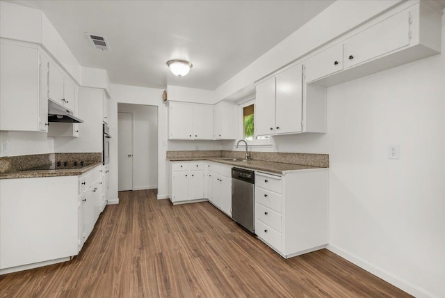 kitchen featuring stainless steel dishwasher, under cabinet range hood, baseboards, and visible vents