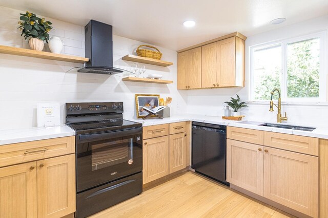 kitchen with open shelves, wall chimney exhaust hood, black appliances, and light brown cabinets