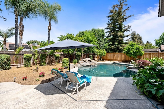view of pool with a patio, a fenced backyard, and a fenced in pool
