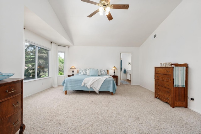 bedroom with a ceiling fan, visible vents, high vaulted ceiling, baseboards, and light carpet