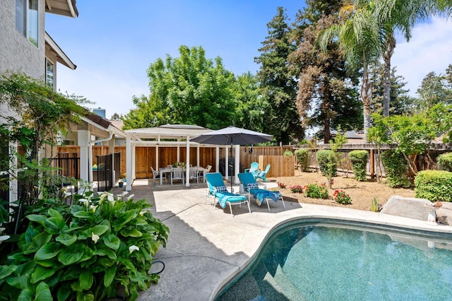 view of pool featuring a fenced in pool, outdoor dining area, a fenced backyard, and a patio area