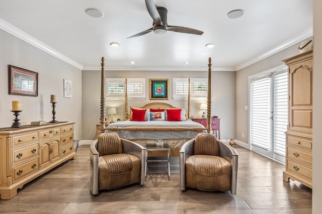 bedroom featuring light wood-style floors, ornamental molding, baseboards, and recessed lighting