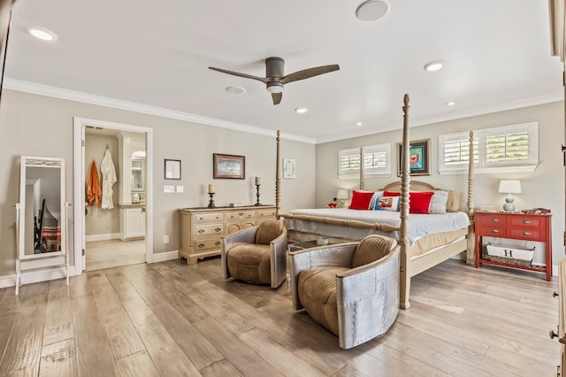 bedroom featuring recessed lighting, baseboards, ornamental molding, and light wood-style floors