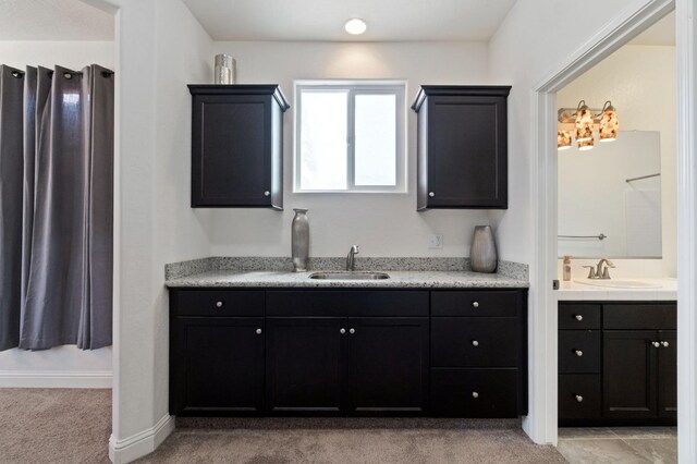 interior space featuring baseboards, a sink, and light carpet