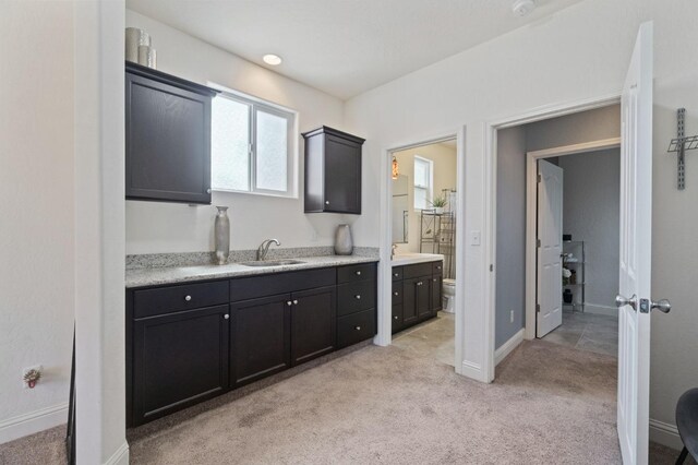 full bathroom with vanity, baseboards, carpet flooring, and toilet