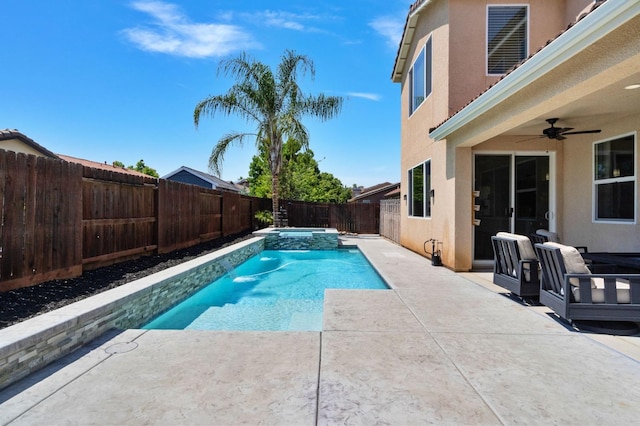 3772 Wrenwood Ave, Clovis, CA 93619 - view of pool featuring a fenced backyard, ceiling fan, a patio area, and a pool with connected hot tub