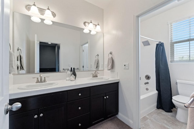 3772 Wrenwood Ave, Clovis, CA 93619 - bathroom with double vanity, toilet, shower / bathtub combination with curtain, and a sink