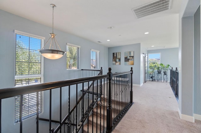 3772 Wrenwood Ave, Clovis, CA 93619 - hall featuring carpet, an upstairs landing, visible vents, baseboards, and recessed lighting