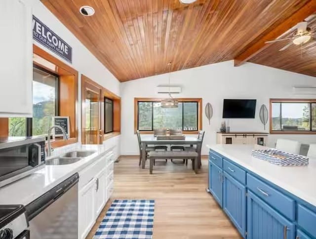 56406 Marina View Way, Bass Lake, CA 93604 - kitchen featuring blue cabinets, appliances with stainless steel finishes, a sink, wooden ceiling, and lofted ceiling with beams