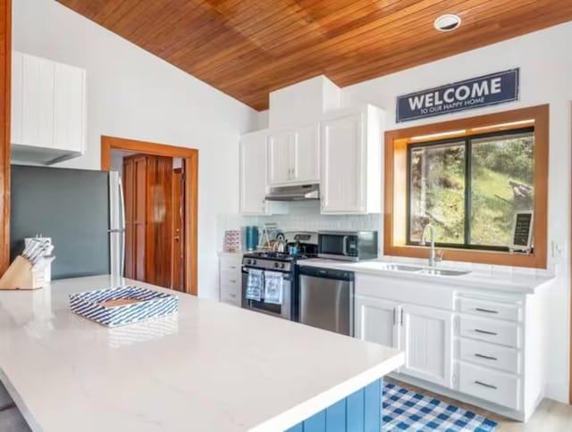 56406 Marina View Way, Bass Lake, CA 93604 - kitchen featuring appliances with stainless steel finishes, a sink, wooden ceiling, light countertops, and under cabinet range hood