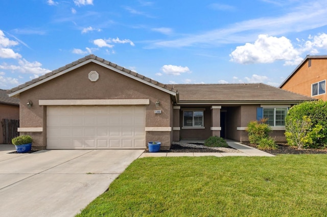 ranch-style house featuring driveway, a tile roof, a front yard, an attached garage, and stucco siding
