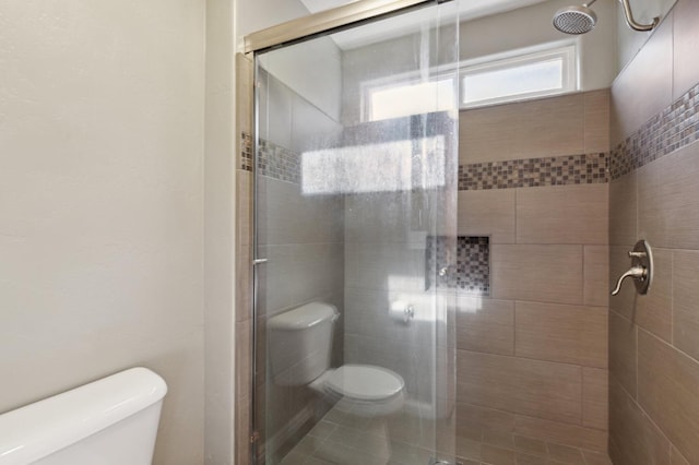 full bathroom featuring toilet and a shower stall