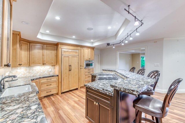 1409 W Big Sandy Rd, Fresno, CA 93711 - kitchen with a breakfast bar, a raised ceiling, a sink, light wood-style flooring, and stainless steel appliances