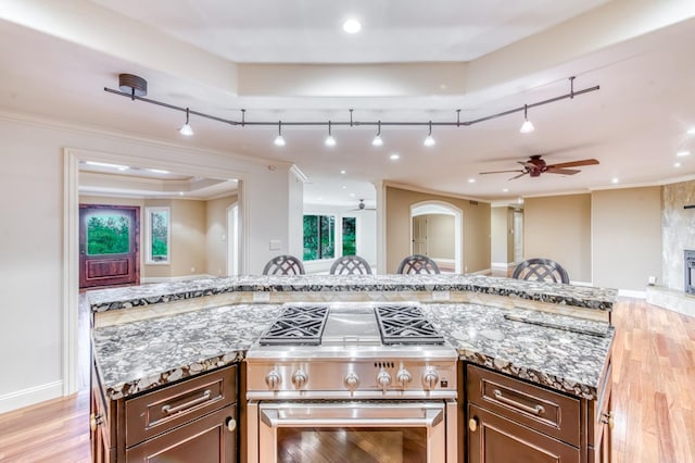 1409 W Big Sandy Rd, Fresno, CA 93711 - kitchen with stainless steel stove, a ceiling fan, rail lighting, and light stone countertops