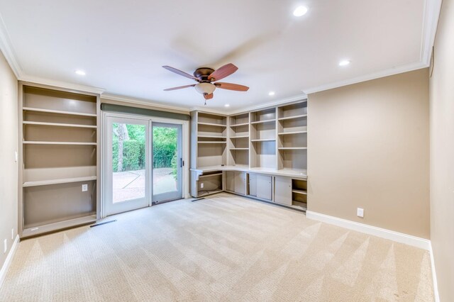 1409 W Big Sandy Rd, Fresno, CA 93711 - empty room with ceiling fan, light colored carpet, crown molding, baseboards, and recessed lighting