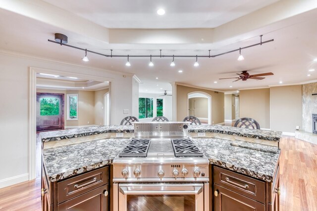 1409 W Big Sandy Rd, Fresno, CA 93711 - kitchen featuring a ceiling fan, open floor plan, light stone counters, and high end stainless steel range