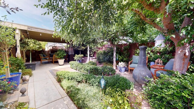view of property's community featuring a fenced backyard and a patio area