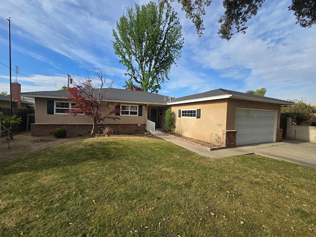single story home featuring stucco siding, driveway, a front yard, and a garage