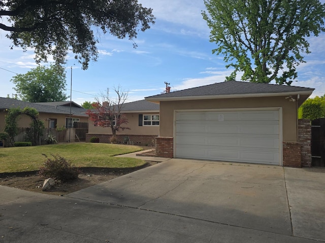 single story home featuring stucco siding, concrete driveway, a front lawn, and brick siding