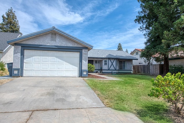 ranch-style home with a front lawn, fence, stucco siding, concrete driveway, and an attached garage