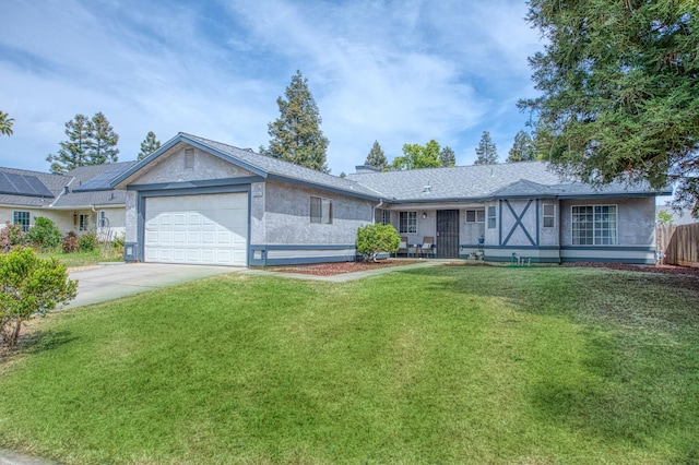ranch-style house with a front lawn, fence, stucco siding, concrete driveway, and an attached garage