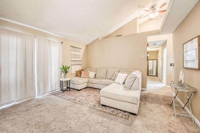 carpeted living area featuring a ceiling fan, a textured ceiling, and vaulted ceiling