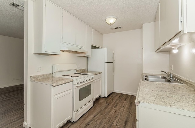 1221 N Peach Ave Unit 226, Fresno, CA 93727 - kitchen with a sink, white appliances, a textured ceiling, under cabinet range hood, and visible vents