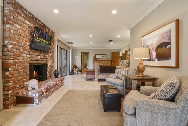 tiled living room featuring ornamental molding, a fireplace, and recessed lighting