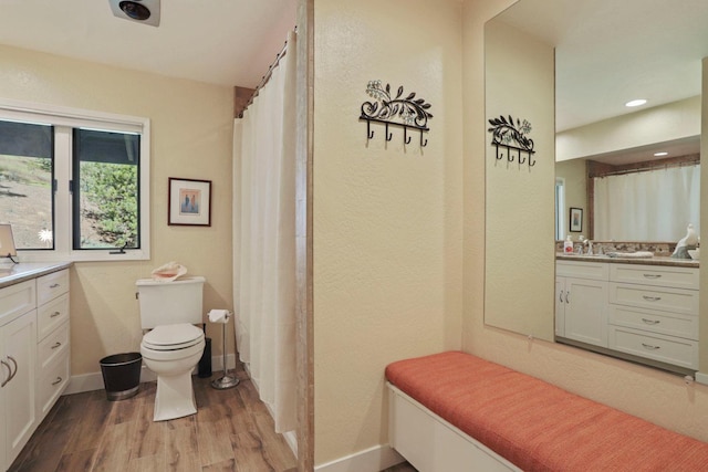 bathroom featuring vanity, baseboards, toilet, and wood finished floors