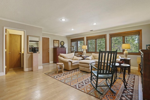 living room featuring crown molding, baseboards, light wood-type flooring, and a textured ceiling