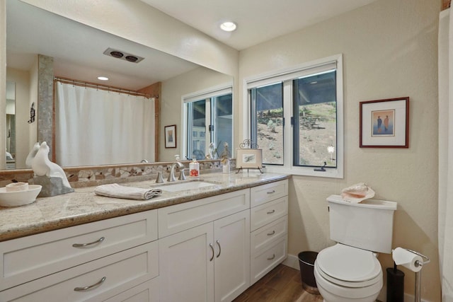 bathroom featuring vanity, curtained shower, toilet, and wood finished floors
