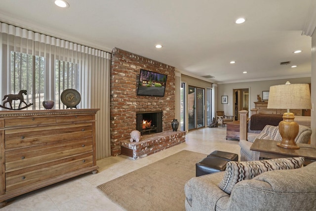 living room featuring crown molding, recessed lighting, light tile patterned flooring, and visible vents