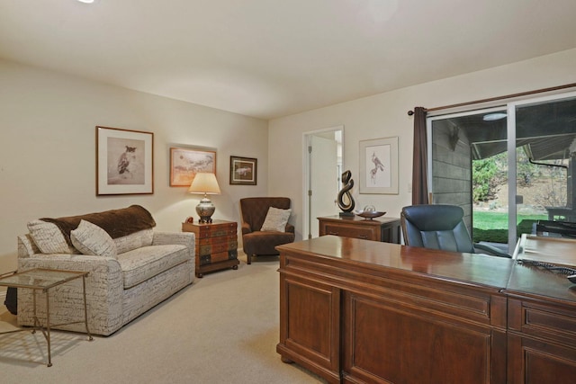 office area featuring light carpet